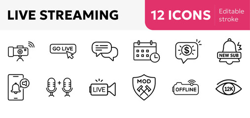 live streaming icons for cameras, chats, donations, subs, raids, polls, perfect for streaming apps, content creator toolkits and social media platforms