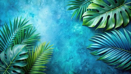 Obraz premium Vibrant Tropical Foliage Arranged on a Textured Teal Background, Ideal for Summer Designs and Decorative Projects