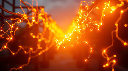 Orange string lights at dusk in a rustic setting