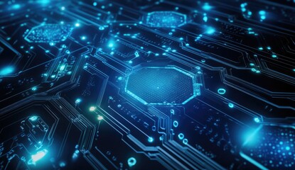 Abstract circuit board, glowing with vibrant blue light, intricate design