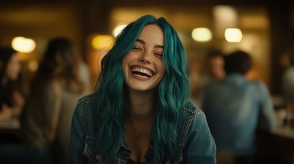 Obraz premium Radiant Smile of a Young Woman with Teal Hair in a Public Gathering