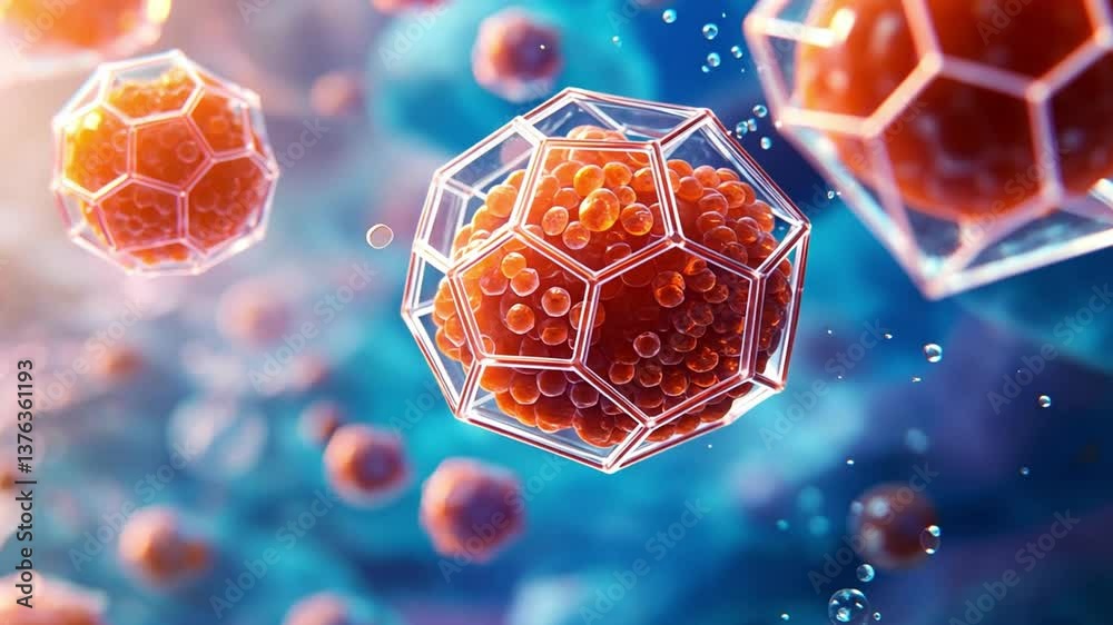 Poster abstract representation of microscopic particles illustrating cellular structure and biological inte