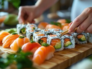 Authentic Japanese Sushi and Sashimi - Fresh Seafood Rolls with Wasabi and Ginger on Wooden Board for Dining Experience