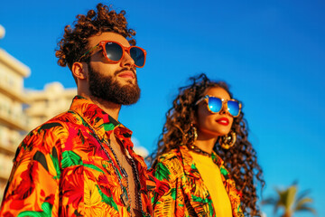 Brightly dressed couple enjoying sunny day at beach, radiating confidence and style