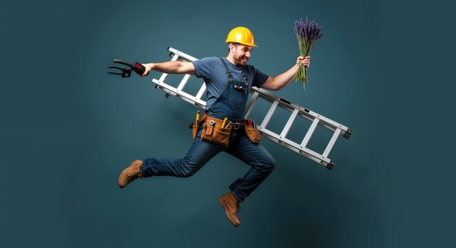 Energetic handyman running with ladder and lavender bouquet against teal background. Versatile service provider concept. Home repairs, landscaping, emergency services, property maintenance.
