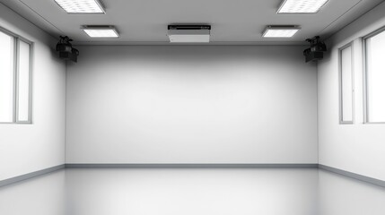 Minimalist empty room with white walls, gray floor, recessed lighting, wall-mounted speakers, and large featu a clean, modern aesthetic design