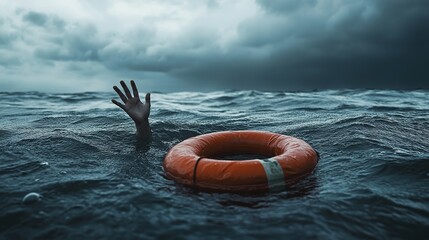 A dramatic ocean rescue scene with a hand reaching out from turbulent sea waves, an orange life preserver floating nearby, choppy waves on the sea surface, a sky filled with dark clouds