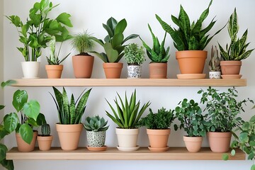 Assorted Potted Houseplants on Wooden Shelves Against a White Wall Indoor Decor