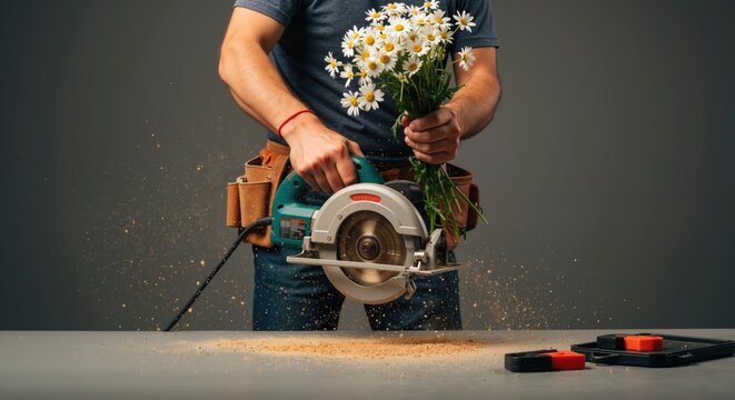 Carpenter holding circular saw and bouquet of white daisies against dark background. Contrasting skills concept. Woodworking services, home renovation, flower arrangements, versatile craftsmanship.