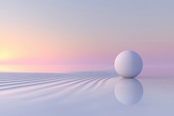 Calm sphere resting on serene surface with gentle waves at sunrise