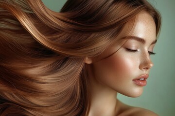 Naklejka premium A model with long, beautiful brown hair poses gracefully against a soft backdrop, emphasizing her natural beauty and flawless skin