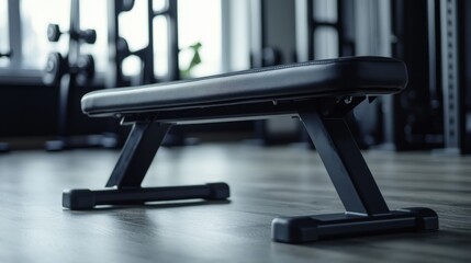 Fototapeta premium A black exercise bench resting on a wooden gym floor