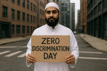Man in muslim clothes candura dishdasha holding "Zero Discrimination Day" sign in urban setting  