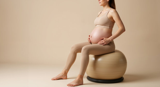 Pregnant woman sitting on beige exercise ball on beige background. Expectant mother in beige workout outfit with visible baby bump. Prenatal fitness wellness. pregnancy support, childbirth preparation