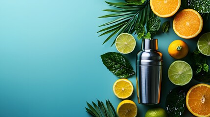 Vibrant cocktail shaker surrounded by fresh citrus fruits and green leaves. Generative AI