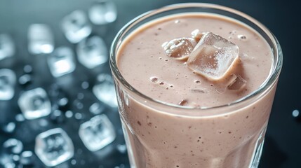 Protein Shake in Glass with Ice Cubes
