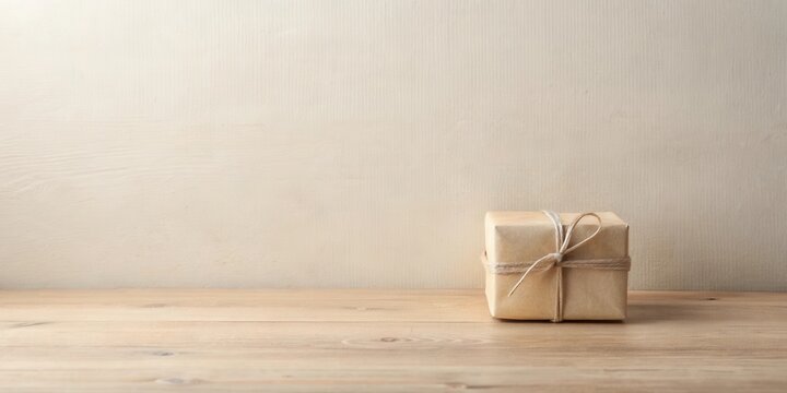 A Simply Wrapped Gift on a Wooden Surface Against a Neutral Background