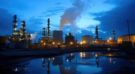 Fototapeta premium An industrial factory scene at dusk with a large factory operating, tall chimneys emitting white smoke, surrounded by complex pipelines and storage tanks, lights illuminating the factory