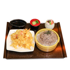 Close-up soba noodles and tempura in traditional japanese cuisine