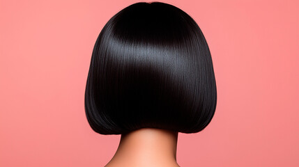 Sleek bob hairstyle with glossy black hair, back view on a pink background