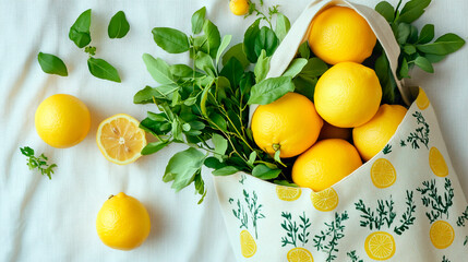 Reusable fabric tote bag filled with fresh fruits and vegetables (lemons) on a white surface