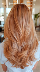 Balayage hairstyle with smooth, glossy finish, back view in a modern salon