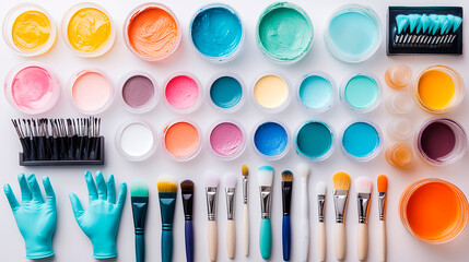 Top view of hair dyeing tools including brushes, gloves, and color bowls on a white background