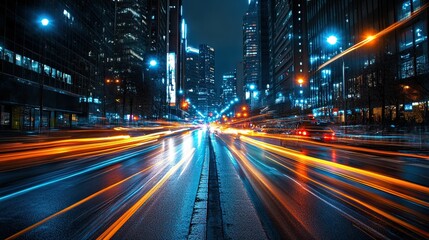 Naklejka premium An abstract city street scene with light trails at night, emphasizing speed. 
