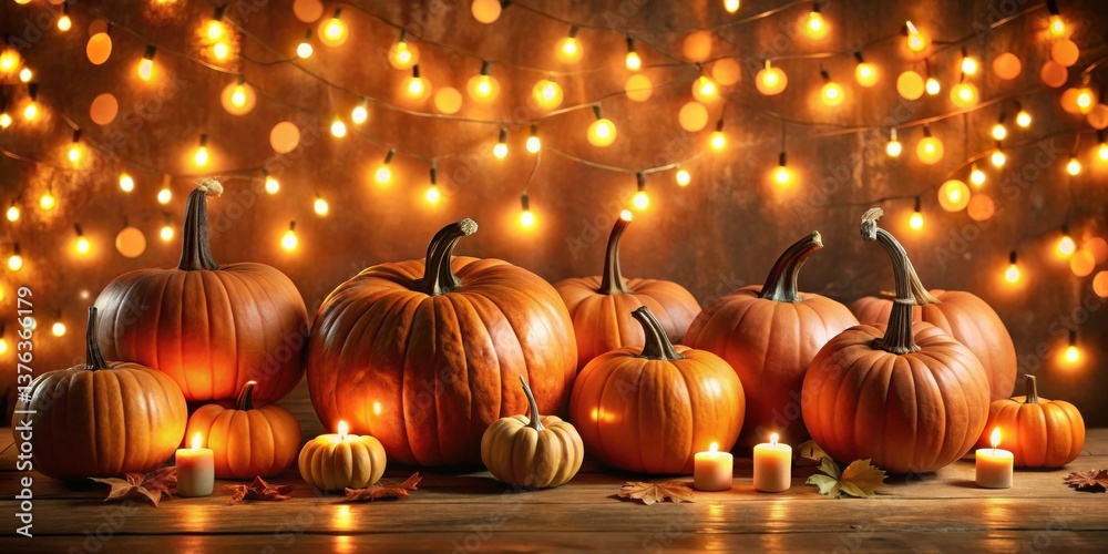 Poster autumnal harvest gathering pumpkins and candles illuminated by warm string lights on rustic wooden s
