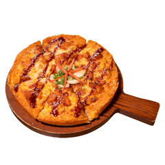 Delicious barbecue chicken pizza kitchen food photography cozy setting close-up culinary delight