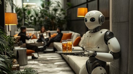 Guests Enjoying Beverages Served by Robot in Modern Lounge