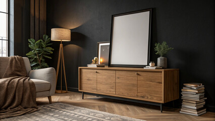 Modern Living Room with Blank TV Stand and Cozy Atmosphere