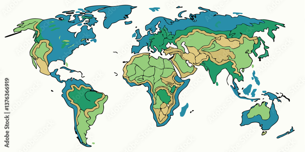 Poster colorful vector illustration of a world map showing continents, oceans, and geographical features in
