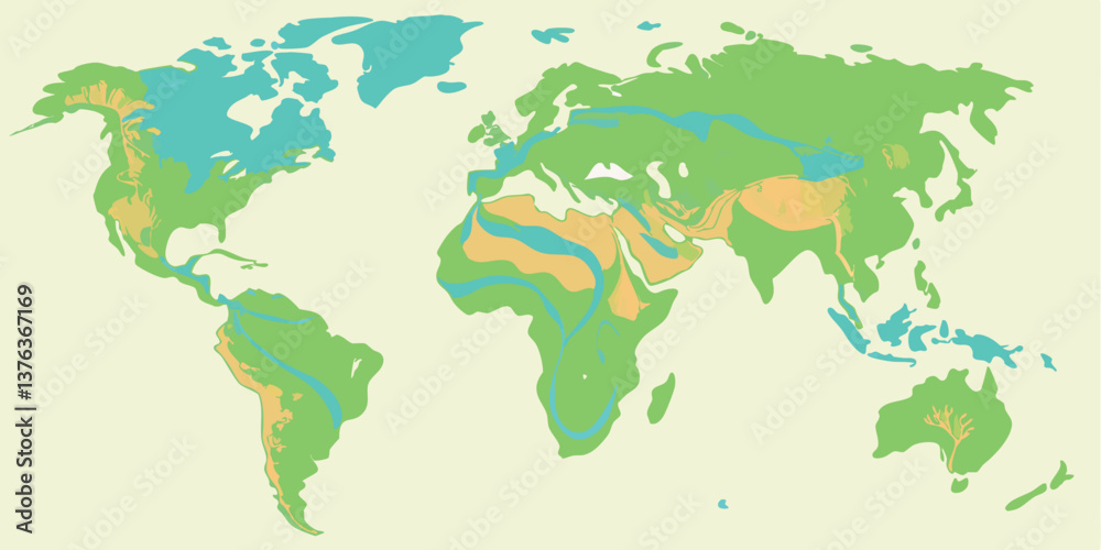 Poster colorful vector illustration of a world map showing continents, oceans, and geographical features in