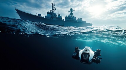 A futuristic ocean drone scene with a white maritime drone floating on the sea, a large military ship in the background sailing on turbulent waves, a sky filled with gray clouds