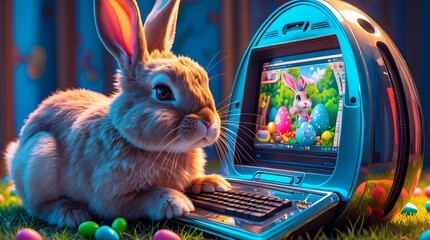  A technologically advanced Easter bunny engrossed in a virtual game on an egg-shaped computer