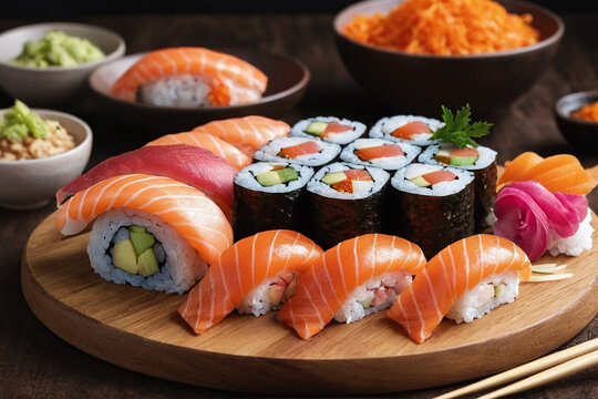 Fresh Sushi Assortment 8K - Delicious Salmon Nigiri and Maki Rolls on Wooden Platter Representing Authentic Japanese Seafood Cuisine and Gourmet Dining Experience