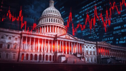 Capitol Building with stock market crash graph, political instability concept
