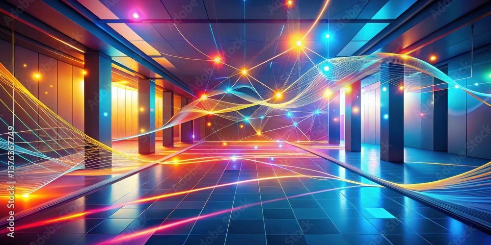 Poster illuminated corridor with abstract network connections featuring vibrant hues and sleek architectura