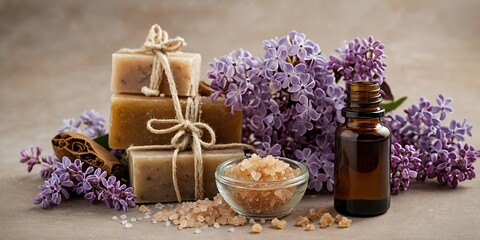 Natural soap and lavender flowers create a calming spa setting for relaxation and self-care