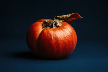A perfectly ripe orange fruit with a dried leaf on it