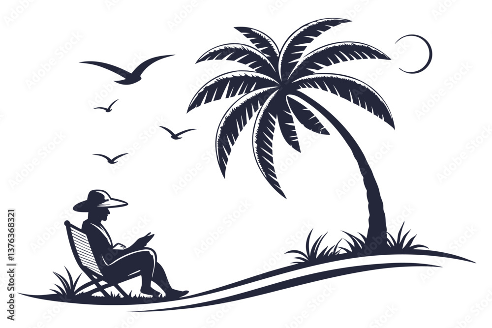 Poster relaxing under a palm tree at sunset while reading a book on a sandy beach near the ocean, surrounde