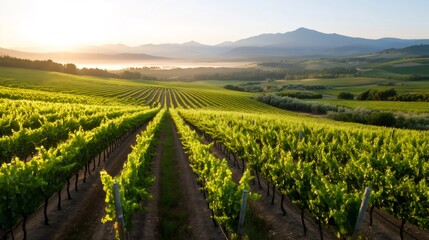 Golden sunrise illuminating lush vineyard landscape with mountains