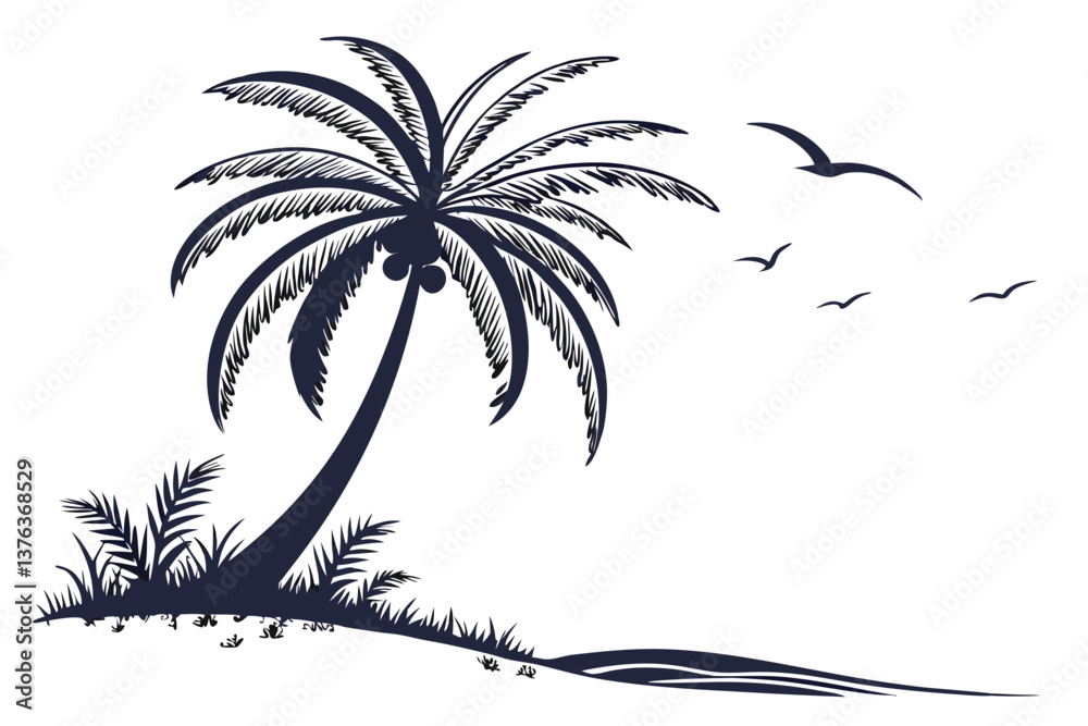 Poster relaxing under a palm tree at sunset while reading a book on a sandy beach near the ocean, surrounde