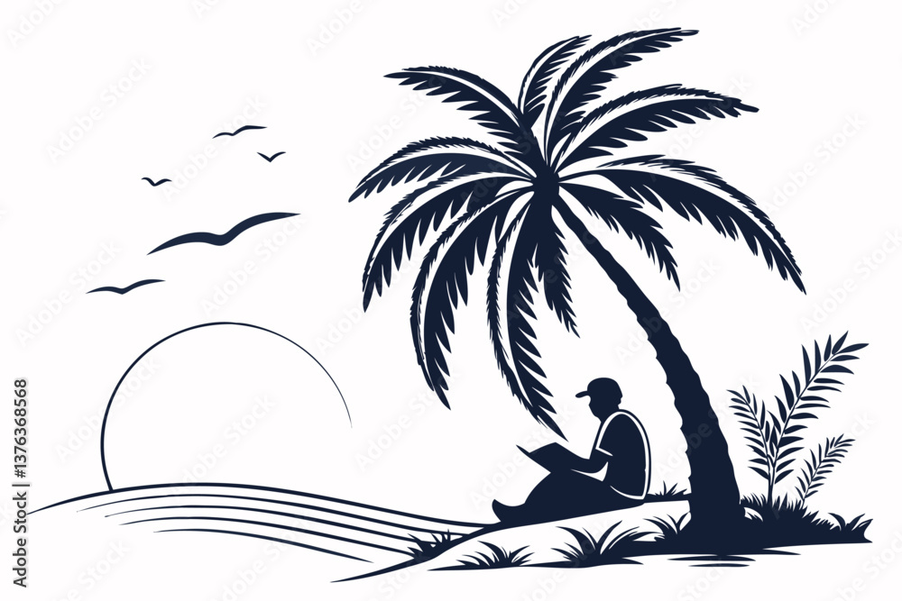 Poster relaxing under a palm tree at sunset while reading a book on a sandy beach near the ocean, surrounde