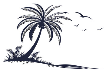 Relaxing under a palm tree at sunset while reading a book on a sandy beach near the ocean, surrounded by seagulls and gentle waves