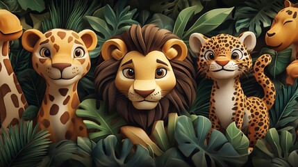 Naklejka premium Cute cartoon animals. Lion Giraffe tiger and leopard