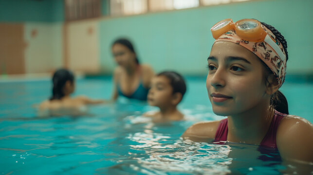 Portrait of a female teacher teaching children to swim in a pool, wearing a swimming cap and goggles at a school sports club for kids, with a woman trainer helping them - Powered by Adobe