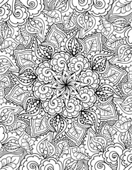 Mandala with ornamental elements. Hand-drawn black and white doodle illustration. Zentangle and meditation art concept. Design for wallpaper, textile, print, poster, adult coloring book page