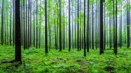 Obraz premium Lush Green Forest with Dense Trees and Vibrant Undergrowth